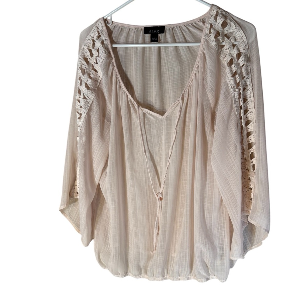Pretty pale Cream Sheer Top Long Sleeve with large Crochet on Top of Sleeve l